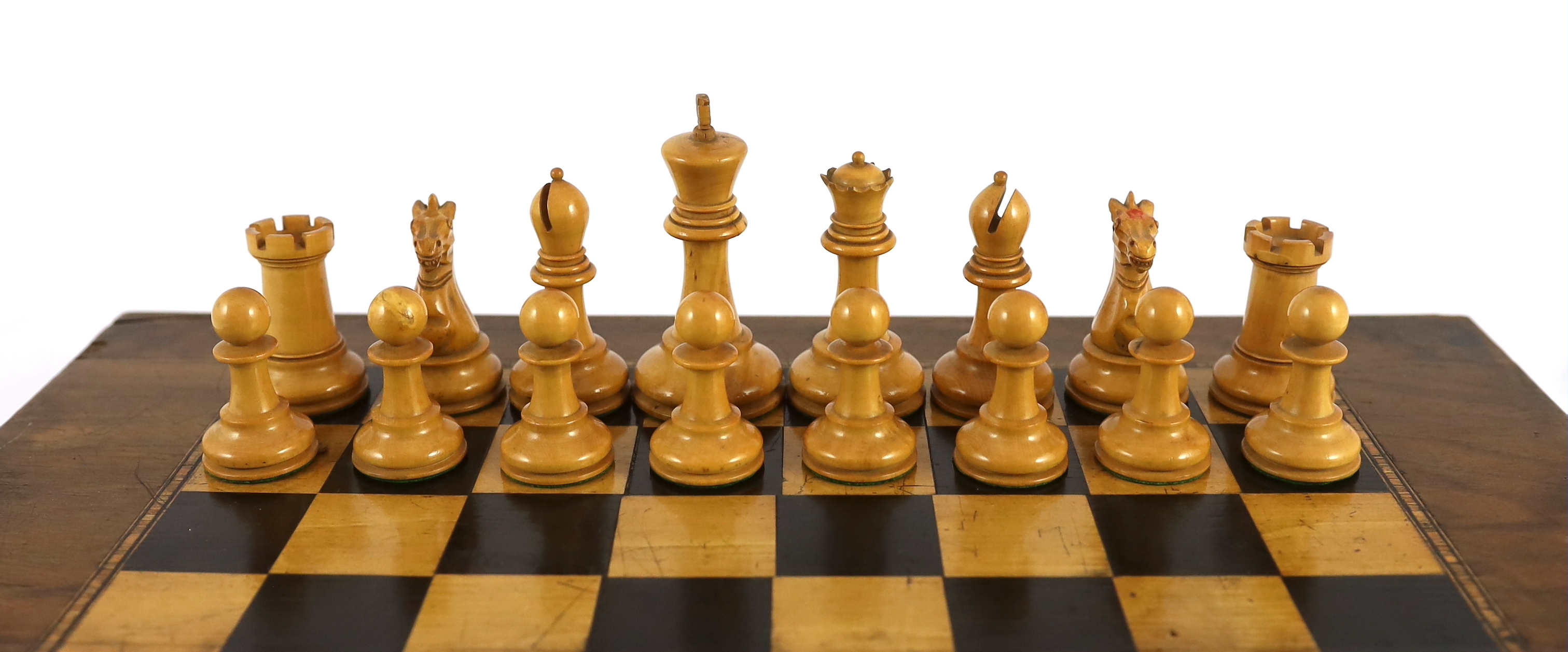 A Jacques ebony and boxwood Staunton pattern chess set, 44 x 39cm when open